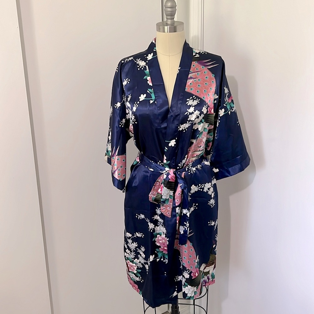 Navy blue satin robe with floral/peacock print